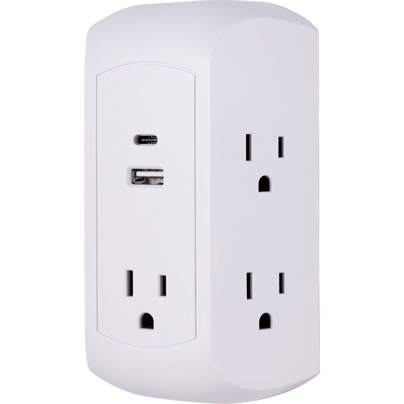 slide 4 of 6, General Electric GE 5 Outlet Grounded Tap with 2 USB Ports USB-A and C 560J 3.4A White, 1 ct