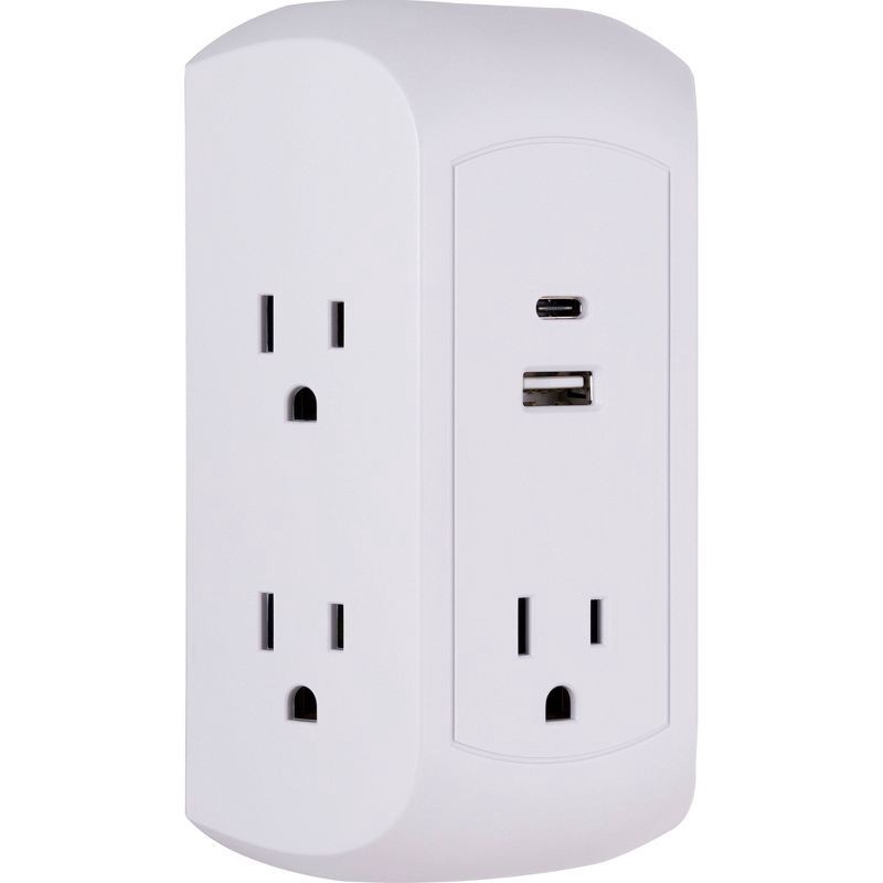 slide 6 of 6, General Electric GE 5 Outlet Grounded Tap with 2 USB Ports USB-A and C 560J 3.4A White, 1 ct