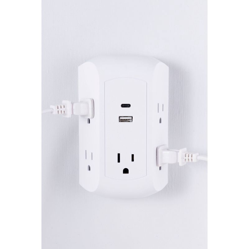 slide 3 of 6, General Electric GE 5 Outlet Grounded Tap with 2 USB Ports USB-A and C 560J 3.4A White, 1 ct