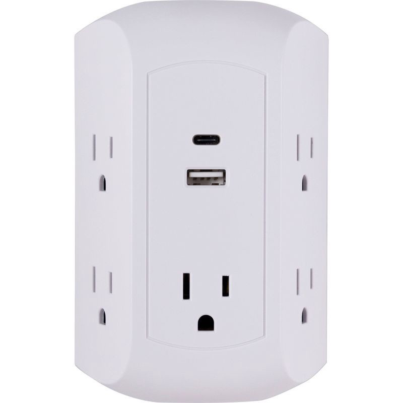 slide 1 of 6, General Electric GE 5 Outlet Grounded Tap with 2 USB Ports USB-A and C 560J 3.4A White, 1 ct