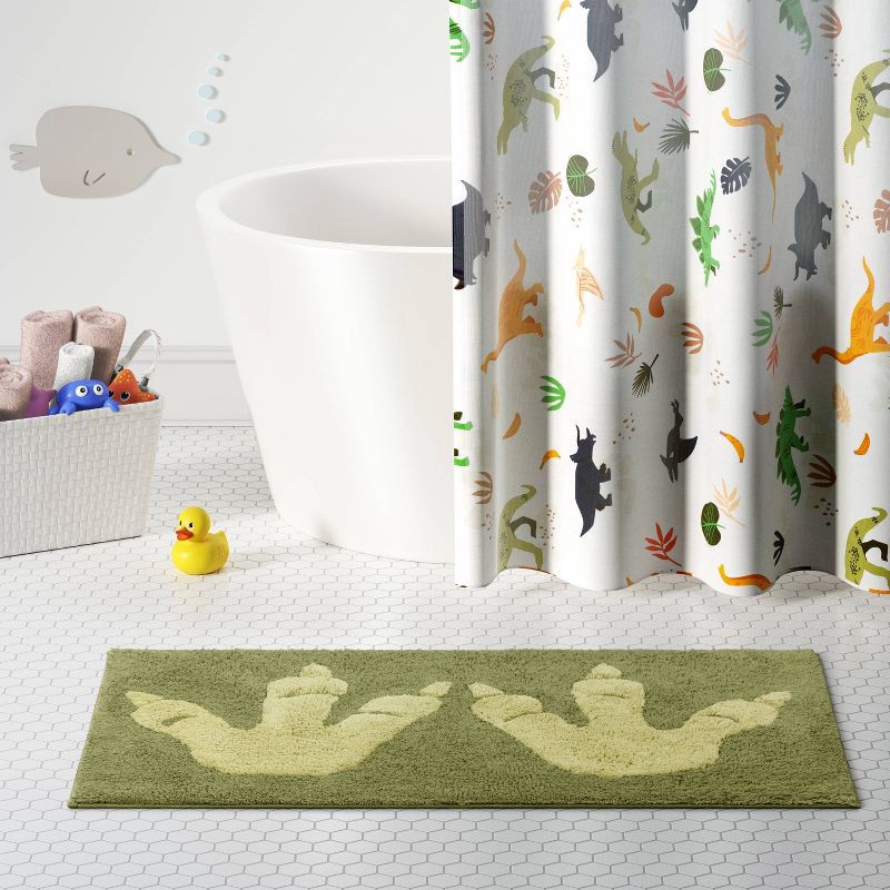 slide 2 of 4, Dinosaur Feet Kids' Bath Rug - Pillowfort™: Aqua Green Tufted Cotton, Medium Pile, Kids Bathroom Mat, 1'8"x2'10", 1 ct