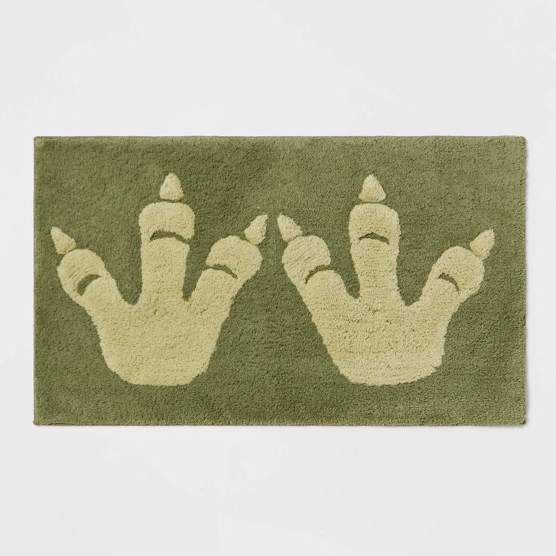 slide 1 of 4, Dinosaur Feet Kids' Bath Rug - Pillowfort™: Aqua Green Tufted Cotton, Medium Pile, Kids Bathroom Mat, 1'8"x2'10", 1 ct