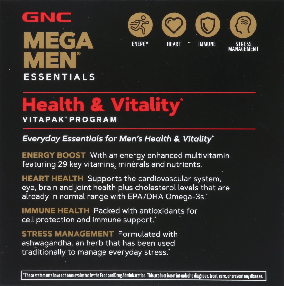 slide 10 of 10, GNC Mega Men Essentials Healthy & Vitality 4-in-1 Pack 30 Packs, 30 ct
