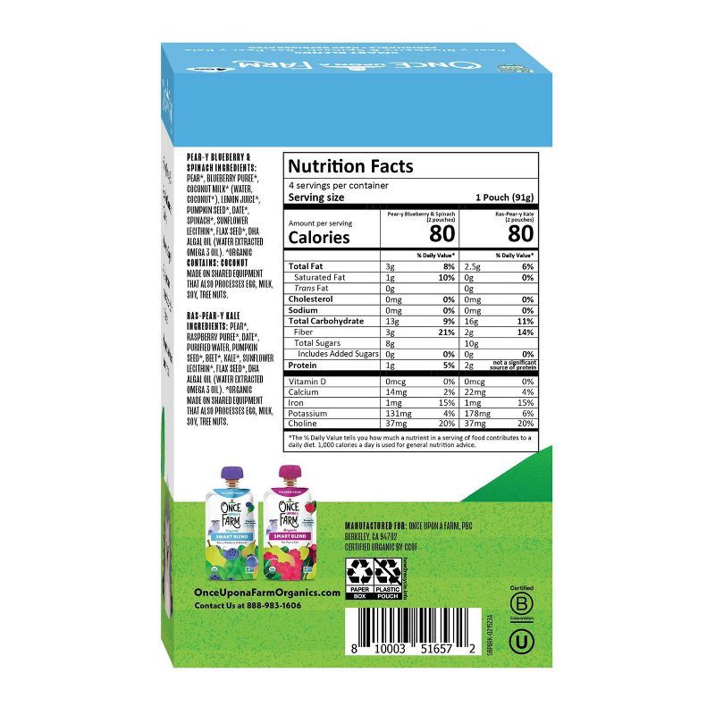 slide 2 of 2, Once Upon a Farm Organic Smart Blend Kids' Snack Variety Pack - 12.8oz/4ct Pouches, 4 ct; 12.8 oz