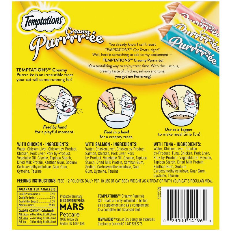 slide 2 of 13, Temptations Creamy Purrrr-ee Chicken, Salmon and Tuna Lickable Squeezable Cat Treats Variety Pack - 24ct/10.1oz, 24 ct, 10.1 oz