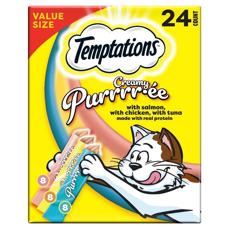 slide 1 of 13, Temptations Creamy Purrrr-ee Chicken, Salmon and Tuna Lickable Squeezable Cat Treats Variety Pack - 24ct/10.1oz, 24 ct, 10.1 oz
