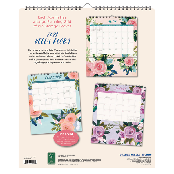 slide 3 of 3, Orange Circle Studio Monthly Pockets Plus Calendar, 13-3/4'' X 11-3/4'', Bella Floral, January To December 2021, 1 ct