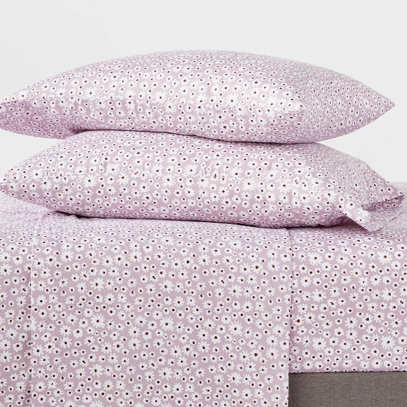 slide 2 of 4, Queen Printed Microfiber Sheet Set Light Purple Daisy - Room Essentials™: Polyester, Botanical Pattern, OEKO-TEX Certified, 1 ct