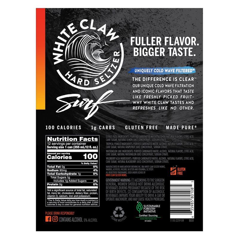 slide 5 of 5, White Claw Hard Seltzer White Claw Surf - 12pk/12 fl oz Cans, 12 ct; 12 fl oz