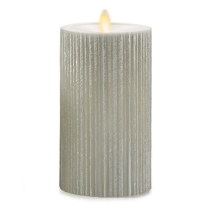 slide 1 of 3, Luminara Moving Flame Champagne Ribbed Real-Flame Effect Pillar Candle, 6.5 in