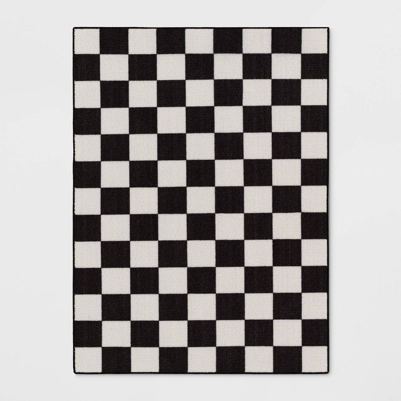 slide 1 of 4, 4'x5'5" Washable Small Checker Accent Rug Charcoal and Ivory - Room Essentials™: Checkered, OEKO-TEX Certified, 1 ct