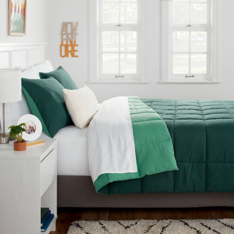 slide 3 of 6, Full/Queen Reversible Microfiber Solid Comforter Dark Green/Green - Room Essentials, 1 ct