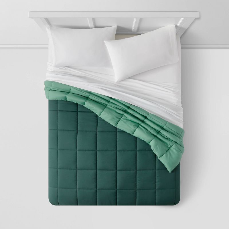 slide 2 of 6, Full/Queen Reversible Microfiber Solid Comforter Dark Green/Green - Room Essentials, 1 ct