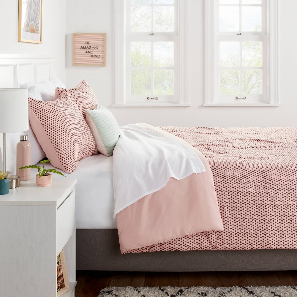 slide 2 of 8, 7pc Queen Strawberry Print Reversible Microfiber Comforter & Sheet Set Light Pink - Room Essentials, 1 ct