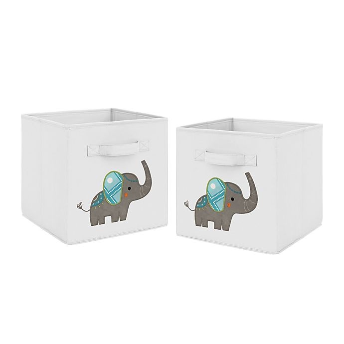 slide 1 of 2, Sweet Jojo Designs Mod Elephant Fabric Storage Bins - Grey/Turquoise, 2 ct