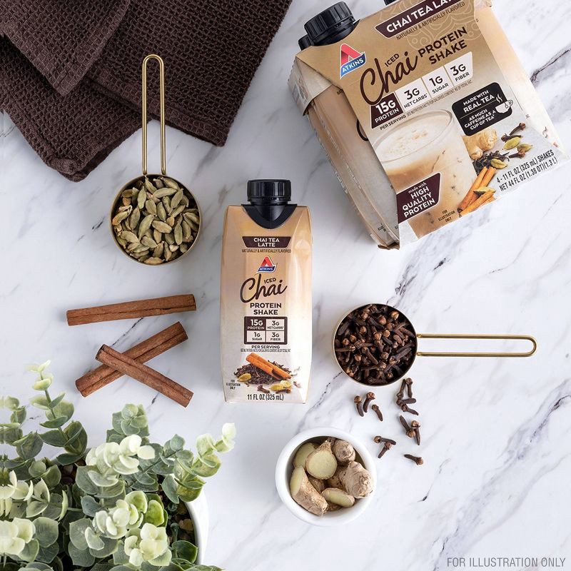 slide 3 of 7, Atkins Chai Tea Latte Caffeinated Protein Shake - 4ct/44 fl oz, 4 ct; 44 fl oz