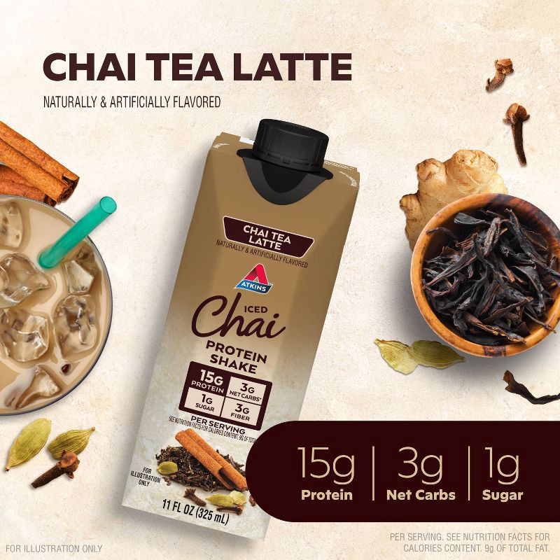 slide 4 of 7, Atkins Chai Tea Latte Caffeinated Protein Shake - 4ct/44 fl oz, 4 ct; 44 fl oz