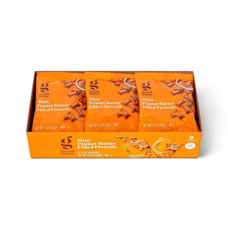 slide 1 of 5, Mini Peanut Butter Filled Pretzels Multipack - 9ct - Good & Gather™, 9 ct