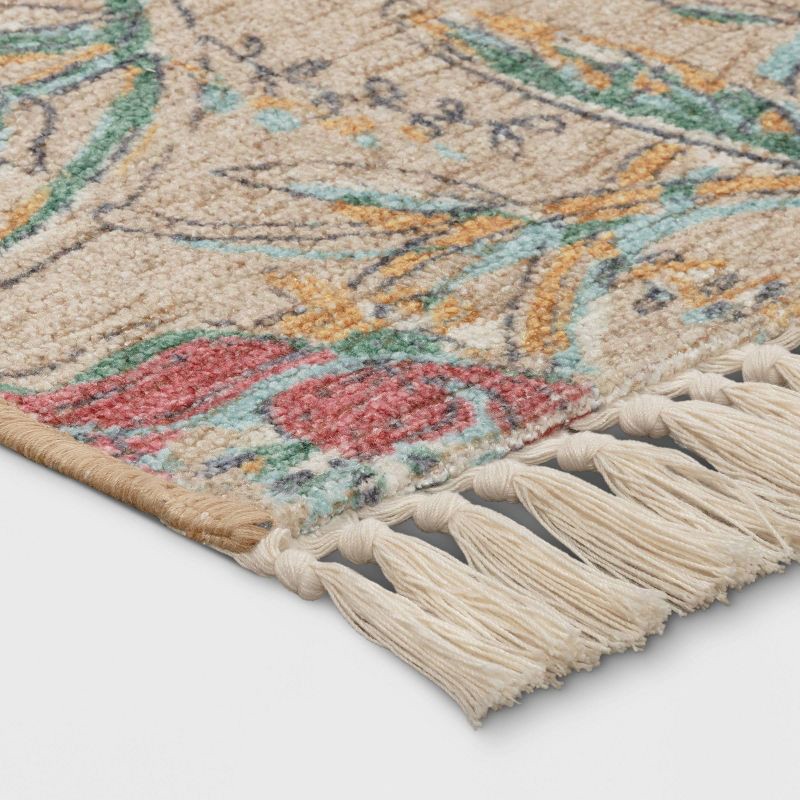 slide 3 of 4, 2'x3' Washable Floral Printed Accent Rug Beige/Red - Threshold™: Machine Washable, Low Pile, Indoor Use, 1 ct