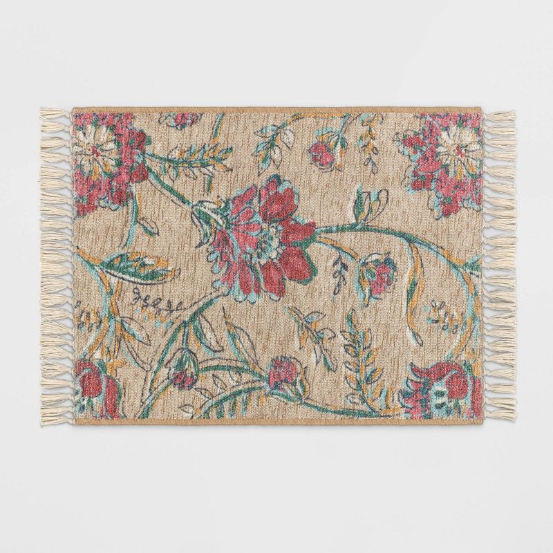 slide 1 of 4, 2'x3' Washable Floral Printed Accent Rug Beige/Red - Threshold™: Machine Washable, Low Pile, Indoor Use, 1 ct