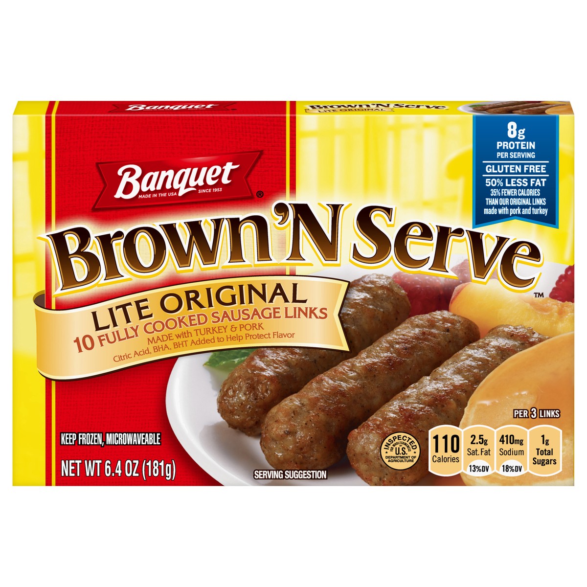slide 1 of 5, Banquet Brown ‘N Serve Lite Original Fully Cooked Sausage Links, Frozen Meat, 10 Count, 6.4 OZ, 10 ct