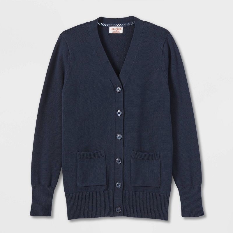 slide 1 of 3, Girls' Long Uniform Cardigan - Cat & Jack™ Blue S: Kids Lightweight V Neck Jersey Sweater, 1 ct