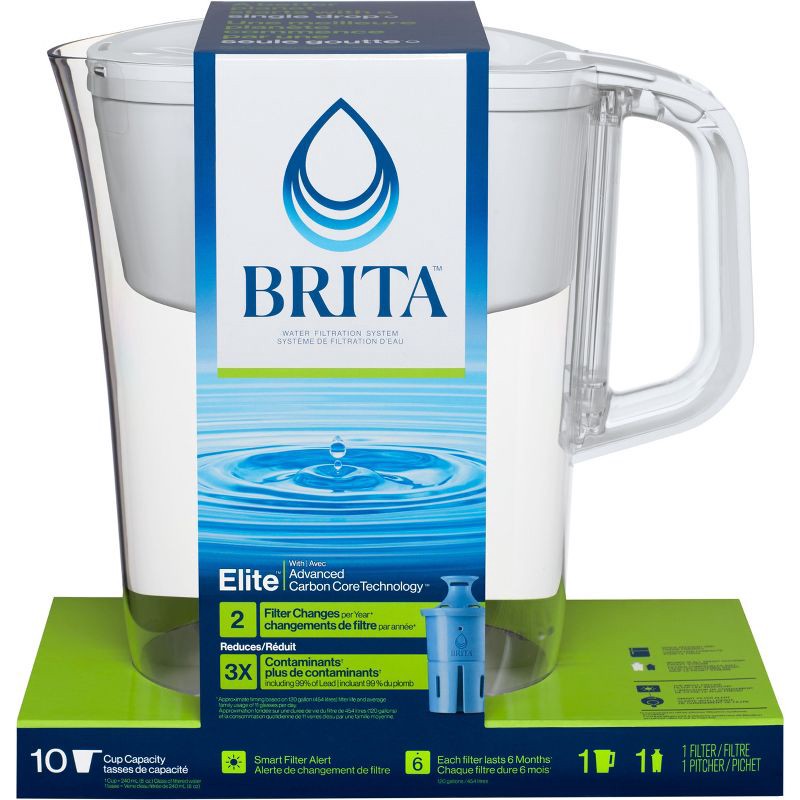 slide 2 of 13, Brita Water Filter 10-Cup Tahoe Water Pitcher Dispenser with Elite Water Filter - White: Easy-Fill Lid, Electronic Indicator, 1 ct