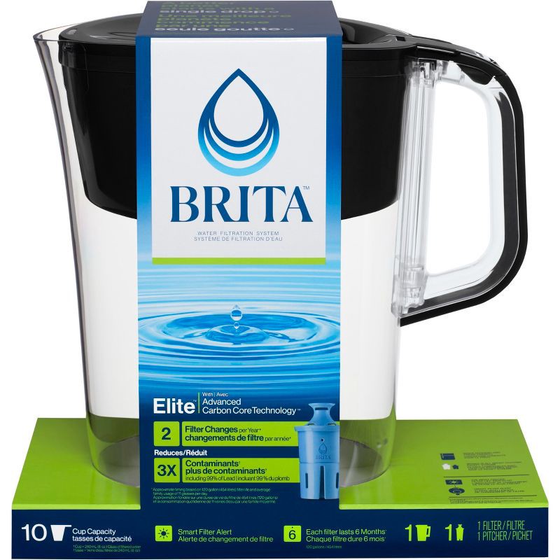 slide 2 of 12, Brita Water Filter 10-Cup Tahoe Water Pitcher Dispenser with Elite Water Filter - Black: Filters Odors, Lead, Mercury, 1 ct