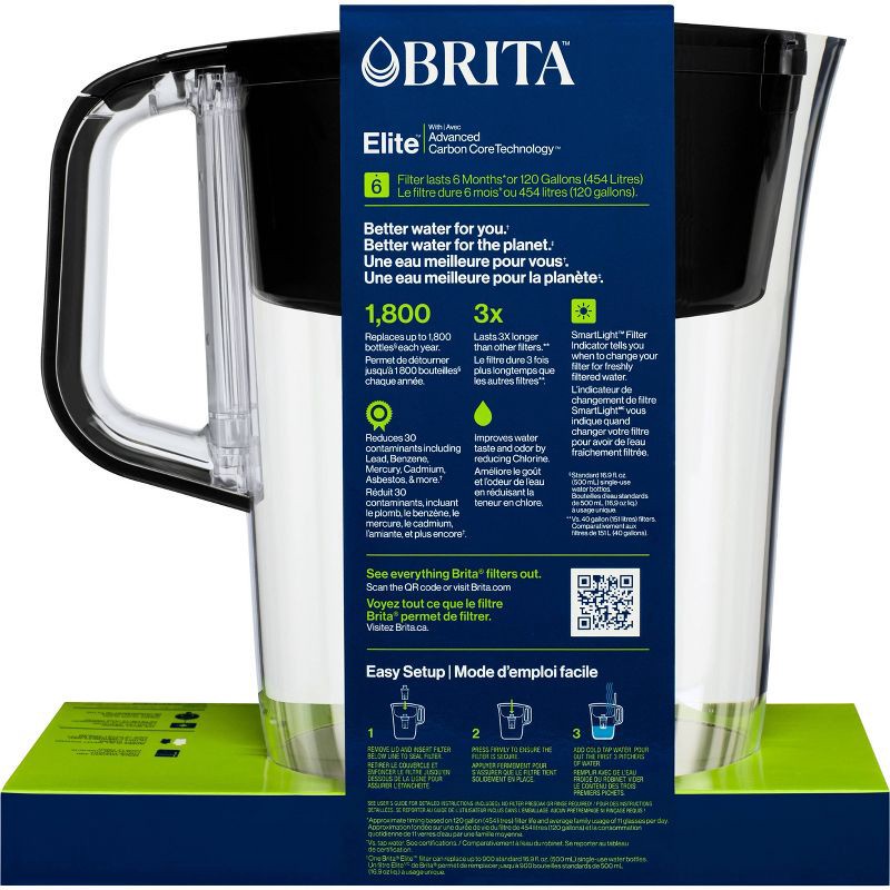 slide 12 of 12, Brita Water Filter 10-Cup Tahoe Water Pitcher Dispenser with Elite Water Filter - Black: Filters Odors, Lead, Mercury, 1 ct