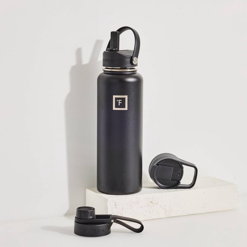 slide 2 of 7, IRON FLASK 40oz Wide Mouth Sports Water Bottle - 3 Lids, Leak Proof, Double Walled Vacuum Insulated - Midnight Black: Stainless Steel, Reusable, 40 oz