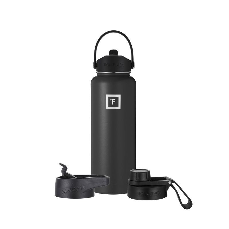 slide 1 of 7, IRON FLASK 40oz Wide Mouth Sports Water Bottle - 3 Lids, Leak Proof, Double Walled Vacuum Insulated - Midnight Black: Stainless Steel, Reusable, 40 oz