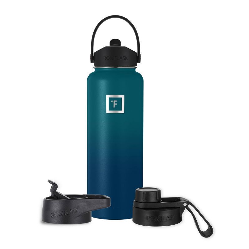 slide 1 of 8, IRON FLASK 40oz Wide Mouth Sports Water Bottle - 3 Lids, Leak Proof, Double Walled Vacuum Insulated - Dark Night: Stainless Steel, Reusable, 40 oz