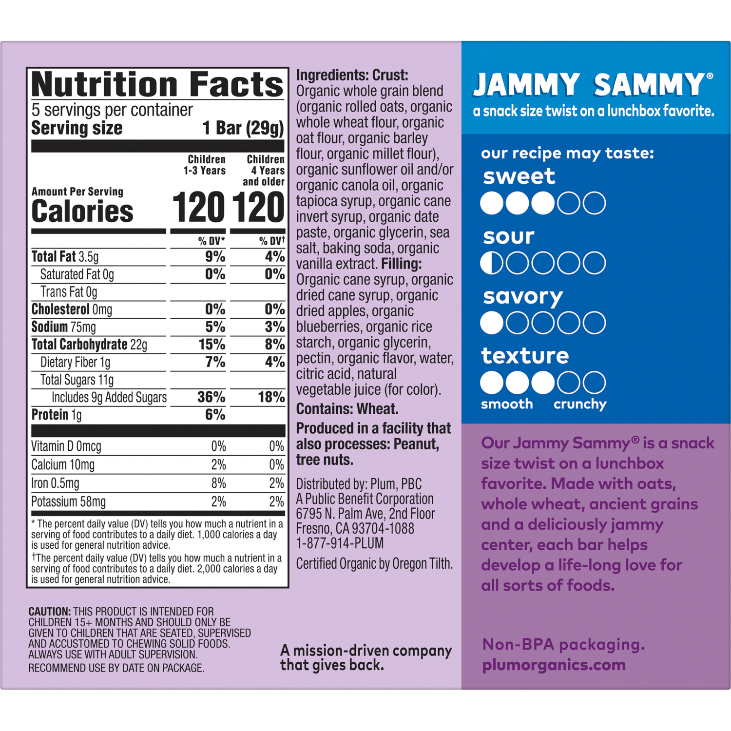 slide 2 of 2, Plum Organics Jammy Sammy Snack Size Sandwich Bar Blueberry + Oatmeal 5-Count Box/1.02oz Bars, 5.1 oz