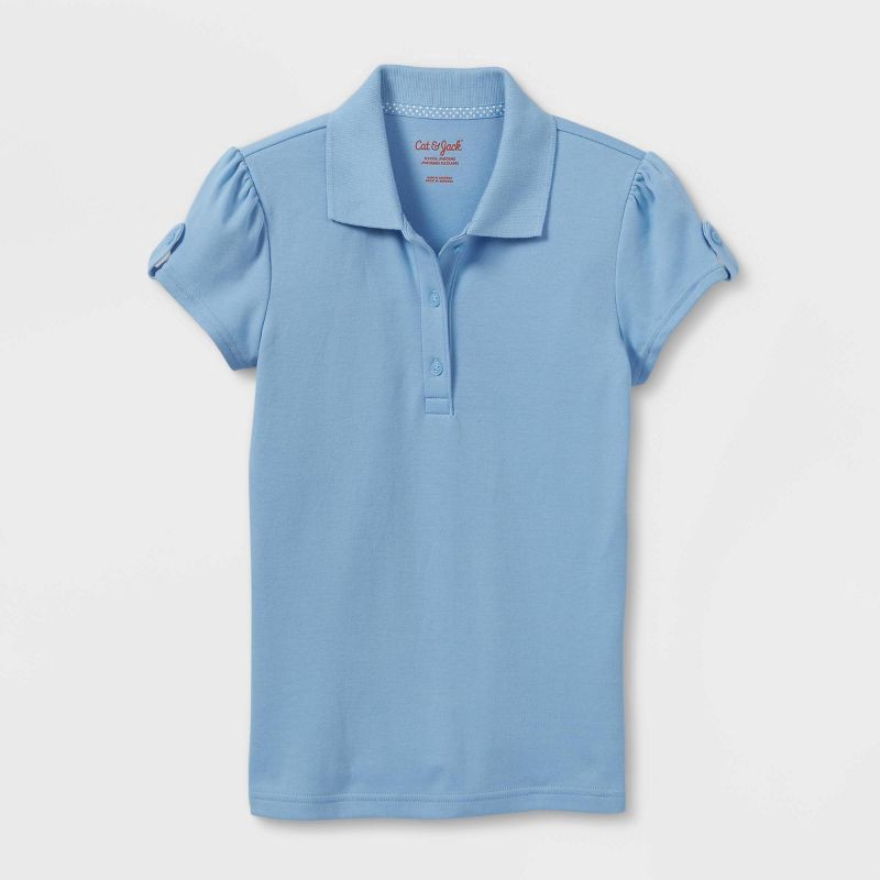 slide 1 of 3, Girls' Short Sleeve Interlock Uniform Polo Shirt - Cat & Jack™ Light Blue XL: Cotton Blend, School Apparel, Machine Washable, 1 ct