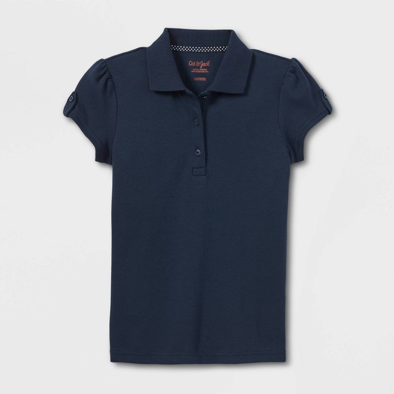 slide 1 of 3, Girls' Short Sleeve Interlock Uniform Polo Shirt - Cat & Jack™ Blue XL: School Apparel, Cotton Blend, Machine Washable, 1 ct