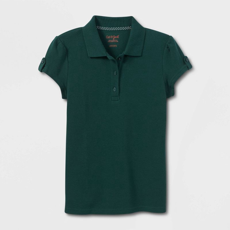 slide 1 of 3, Girls' Short Sleeve Interlock Uniform Polo Shirt - Cat & Jack™ Dark Green L: School Apparel, Kids Wear, 1 ct