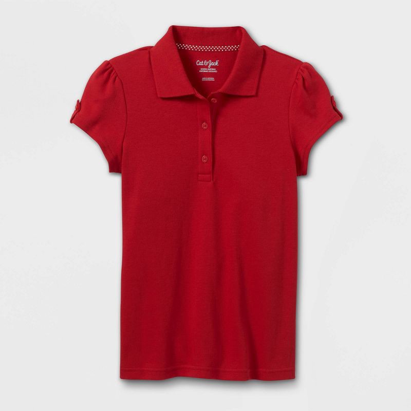 slide 1 of 3, Girls' Short Sleeve Interlock Uniform Polo Shirt - Cat & Jack™ Red L: School Apparel, Kids Pullover, 1 ct