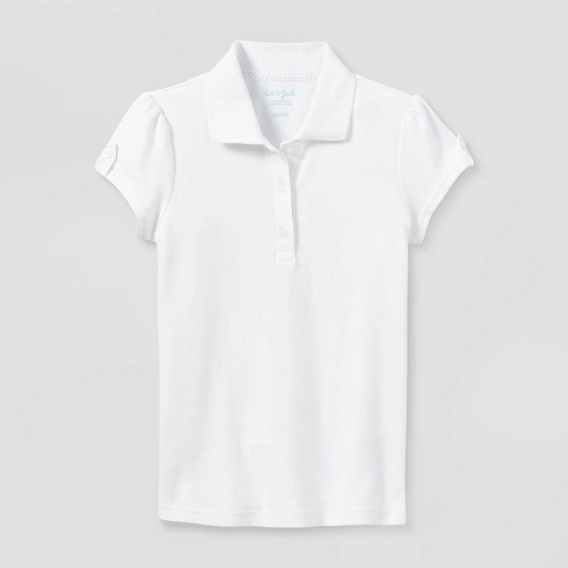 slide 1 of 3, Girls' Short Sleeve Interlock Uniform Polo Shirt - Cat & Jack™ White M: School Apparel, Cotton Blend, Machine Washable, 1 ct