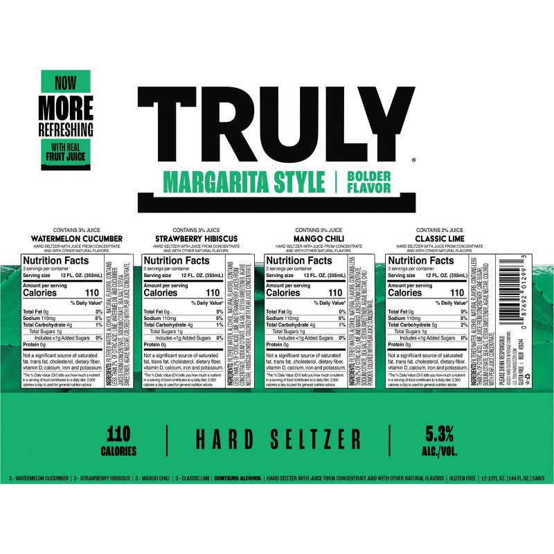 slide 10 of 10, Truly Spiked & Sparkling Truly Hard Seltzer Margarita Style Mix Pack - 12pk/12 fl oz Cans, 12 ct; 12 fl oz