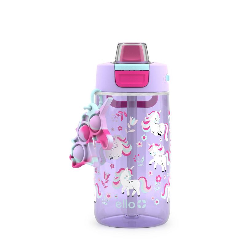 slide 1 of 4, Ello 14oz Plastic Colby Pop! Water Bottle Fidget Accessory Unicorn: BPA-Free, Flip-Top Lid, Kids Portable Drinkware, 14 oz