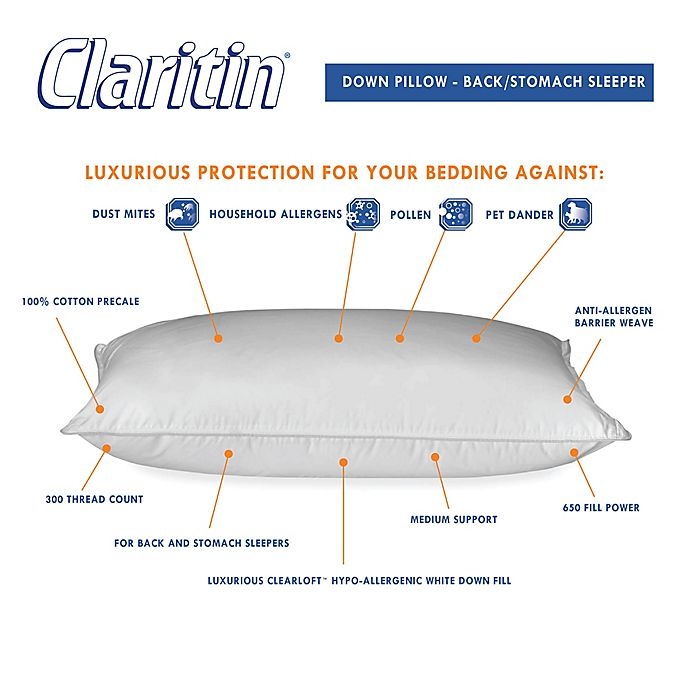 slide 2 of 2, Claritin Ultimate Allergen Barrier White Down ClearLoft Queen Cotton Back/Stomach Pillow, 1 ct