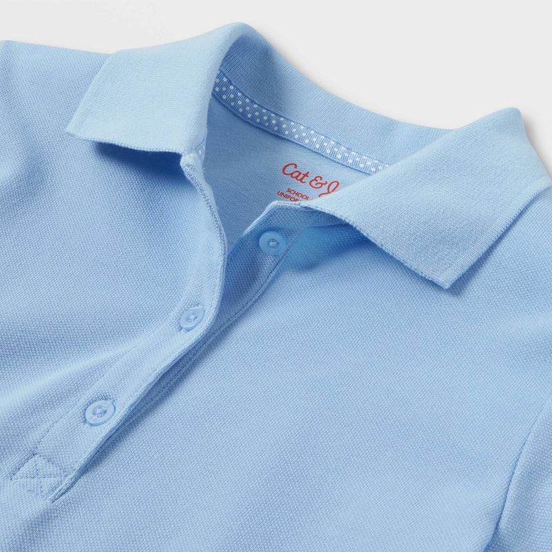 slide 3 of 3, Girls' Short Sleeve Pique Uniform Polo Shirt - Cat & Jack™ Light Blue M: Cotton Blend, Recycled Polyester, Spandex, School Apparel, 1 ct