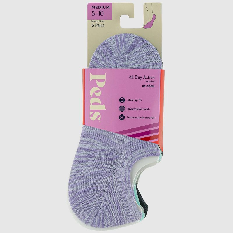slide 2 of 3, Peds All Day Active Women's 6pk Ultra Low No Show Socks - Assorted Colors 5-10: Arch Support, Breathable Mesh, 6 ct