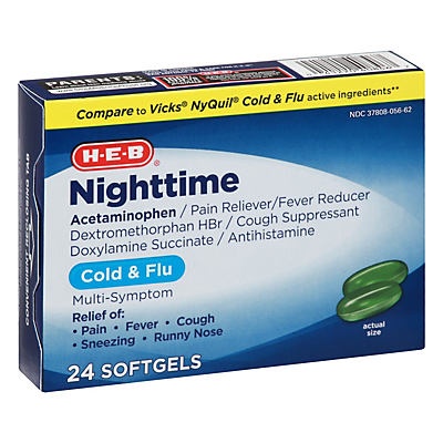 slide 1 of 1, H-E-B Night Time Liquid Caps Cold/Flu Multi-symptom Relief Softgels, 24 ct