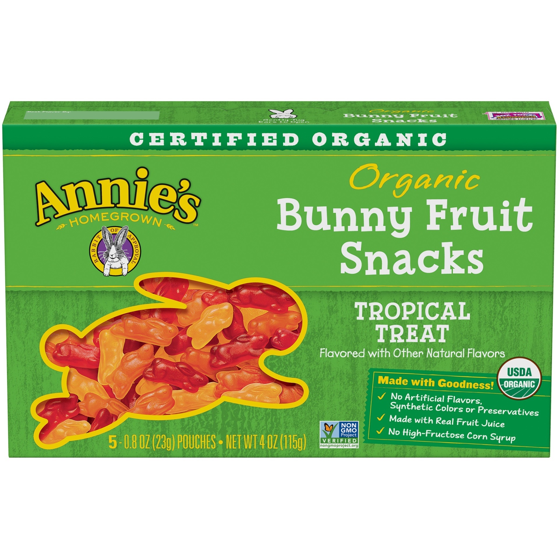 slide 1 of 1, Annie's Homegrown Organic Bunny Fruit Tropical Treat Fruit Snacks, 5 ct