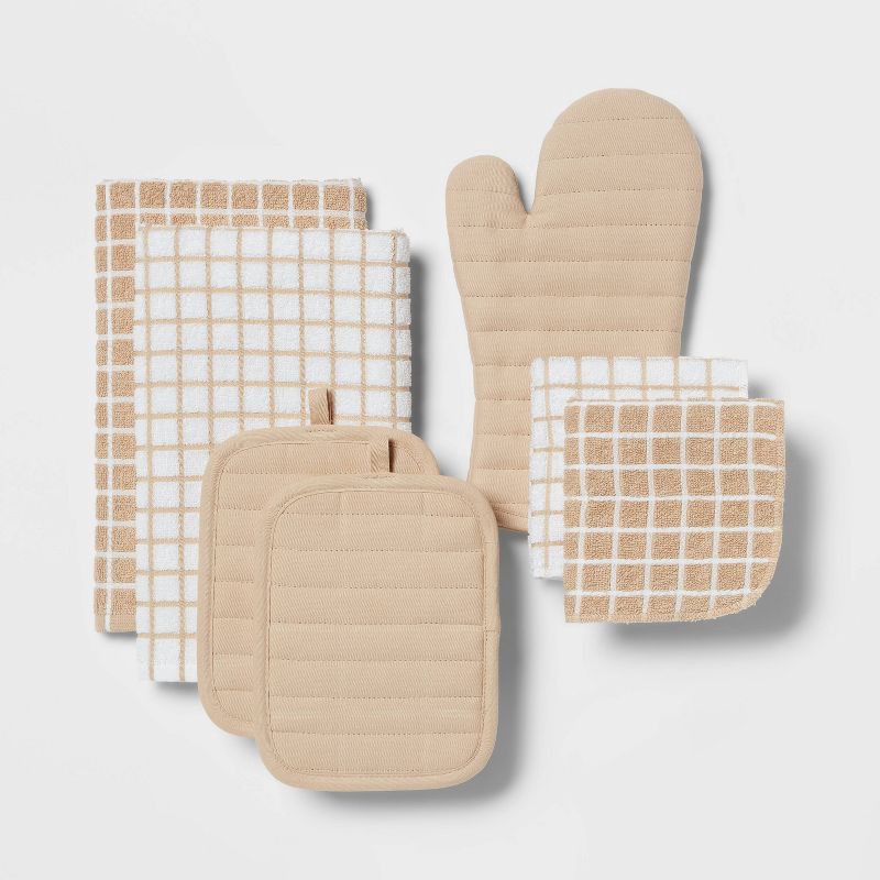 slide 1 of 3, 7pc Cotton Kitchen Textile Set Tan - Room Essentials™: Includes Oven Mitt, Kitchen Towels, Pot Holders, Dish Cloths, 7 ct