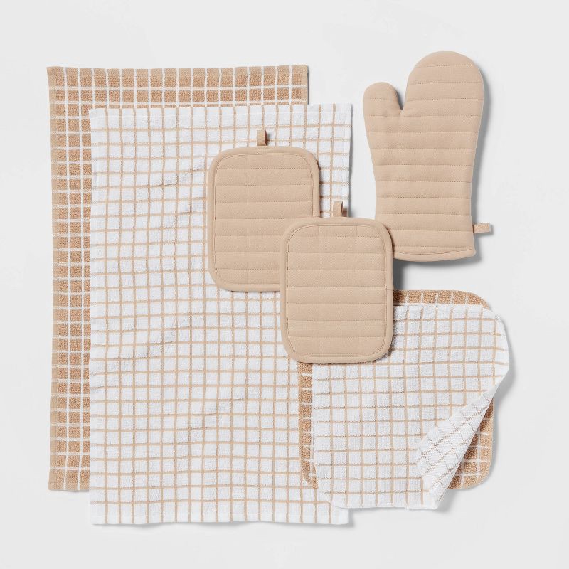 slide 3 of 3, 7pc Cotton Kitchen Textile Set Tan - Room Essentials™: Includes Oven Mitt, Kitchen Towels, Pot Holders, Dish Cloths, 7 ct