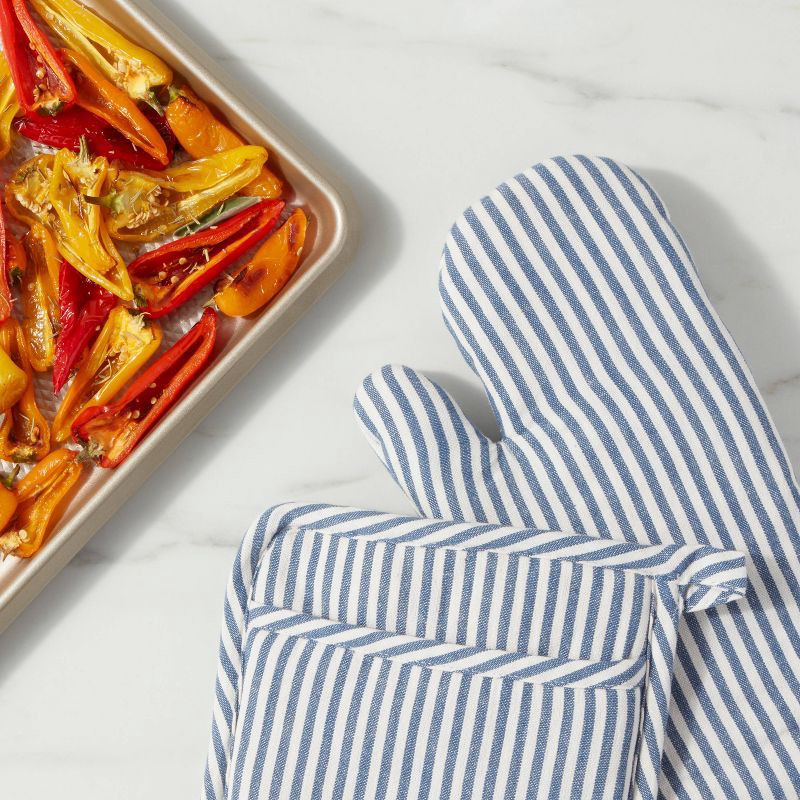 slide 2 of 3, 2pc Cotton Striped Oven Mitt and Pot Holder Set Blue - Threshold™, 2 ct