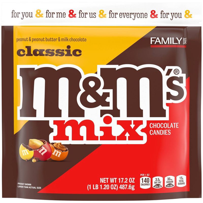 slide 2 of 9, M&M's Milk Chocolate, Peanut, And Peanut Butter Classic Chocolate Assortment Family Size Candy Mix Bag - 17.2oz, 17.2 oz