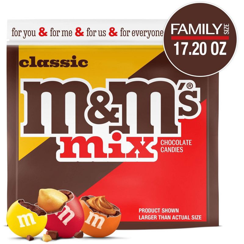 slide 1 of 9, M&M's Milk Chocolate, Peanut, And Peanut Butter Classic Chocolate Assortment Family Size Candy Mix Bag - 17.2oz, 17.2 oz